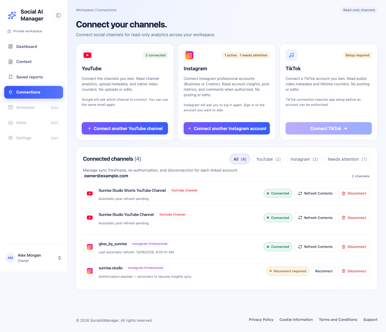 Connections page listing sample YouTube and Instagram channels with connect, refresh and disconnect controls